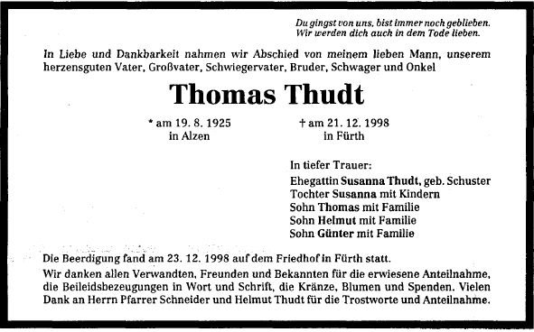 Thudt Thomas 1925-1998 Todesanzeige